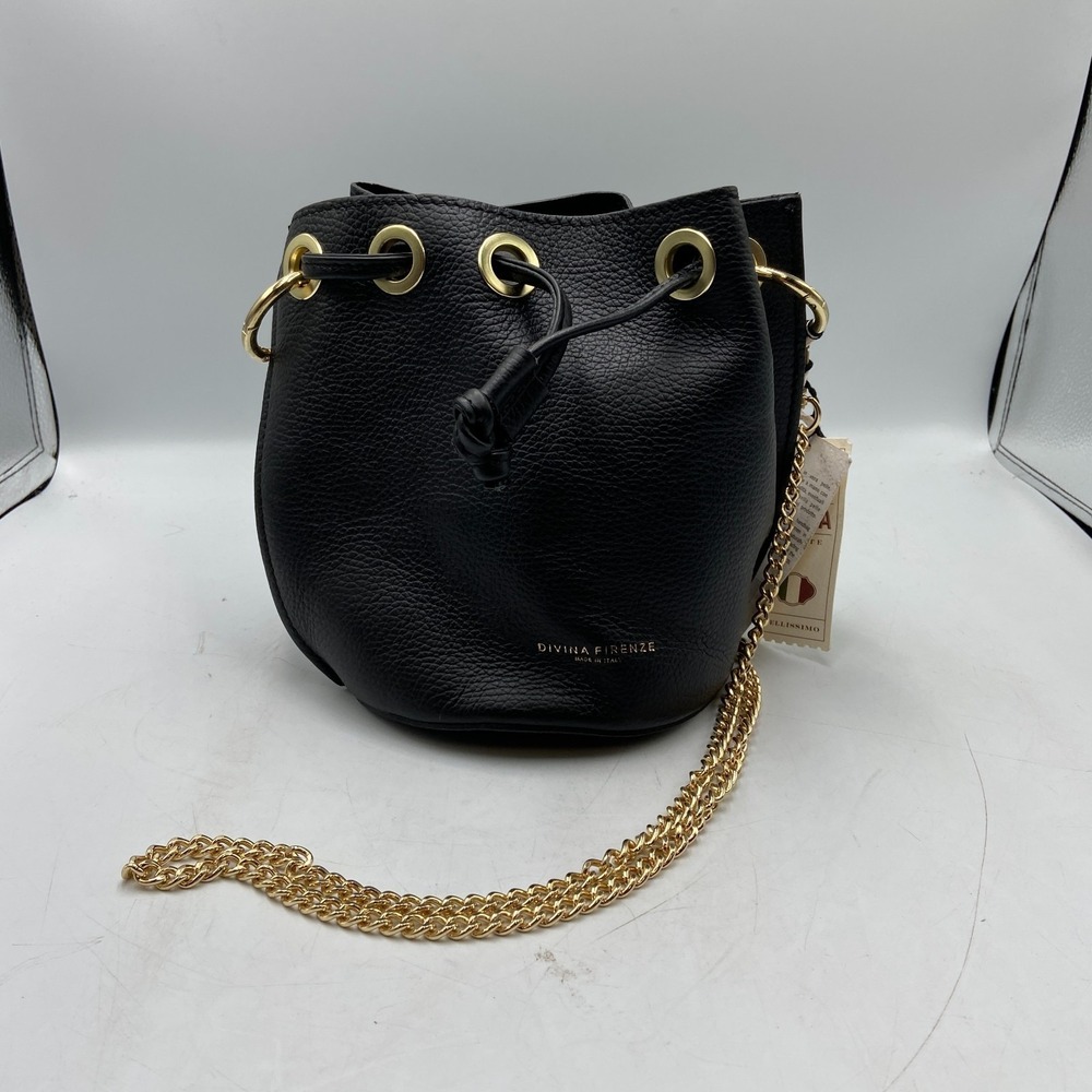 Divina Firenze Bucket Bag Black Pebbled Leather Detachable Chain Strap Crossbody